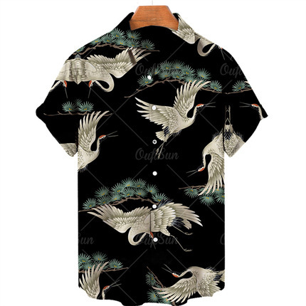 Comercio exterior transfronterizo de los hombres primavera europea y americana nueva solapa impresa en 3D manga corta a rayas retro camisa casual hombres al por mayor