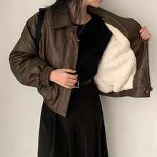 有货！chic韩国秋冬加绒毛感气质休闲翻领长袖宽松百搭皮衣外套