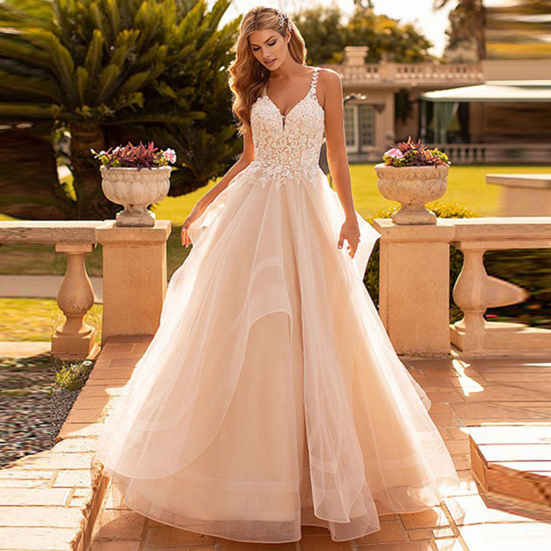 Vestido DE NOVIA DE DOBLE hombro fino 2024 nueva primavera nupcial profundo cuello en V encaje SLIM-Fit de lujo esponjoso vestido de novia