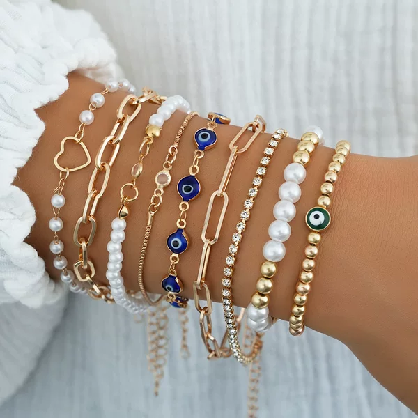Cross-Border European and American Niche Devil's Eye Zircon Pearl Bracelet 9-Piece Set for Women, Fashionable and Versatile Trendy Jewelry Wholesale