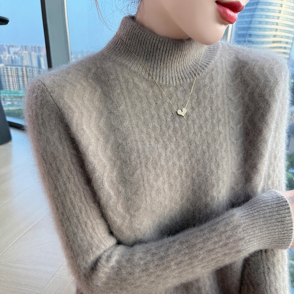 秋冬新款100羊毛双股加厚双层领羊绒针织衫女宽松扭花打底衫毛衣