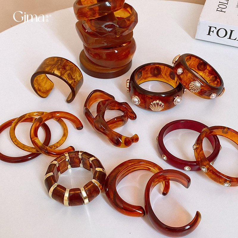 欧美跨境琥珀色晕染咖色树脂手镯简约时尚手环夸张个性高级感手饰