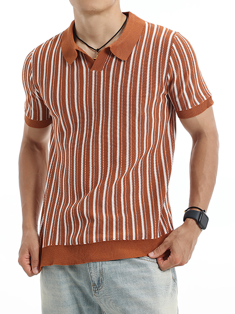 Vintage americano de punto hombre camisa de polo de hielo de manga corta con texturas verticales blindaje de cuello de verano casual hombre