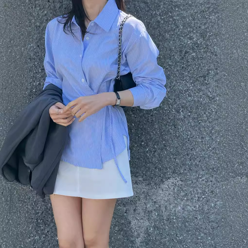 韩国chic女式春秋设计感不规则绑带修身长袖外搭条纹衬衫女 衬衣