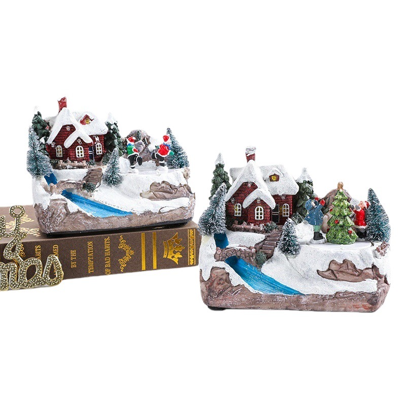 Nuevo estilo de decoración de resina giratoria con música escena de Navidad regalo Navidad nieve escena agua corriente decoración de la ventana