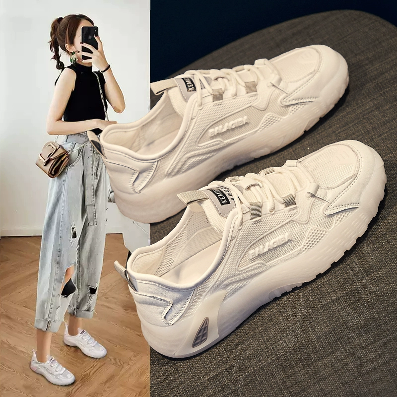 Спортивная обувь для женщин, новинка 2024, летние туфли для папы, модные сетчатые дышащие спортивные повседневные белые туфли на плоской подошве