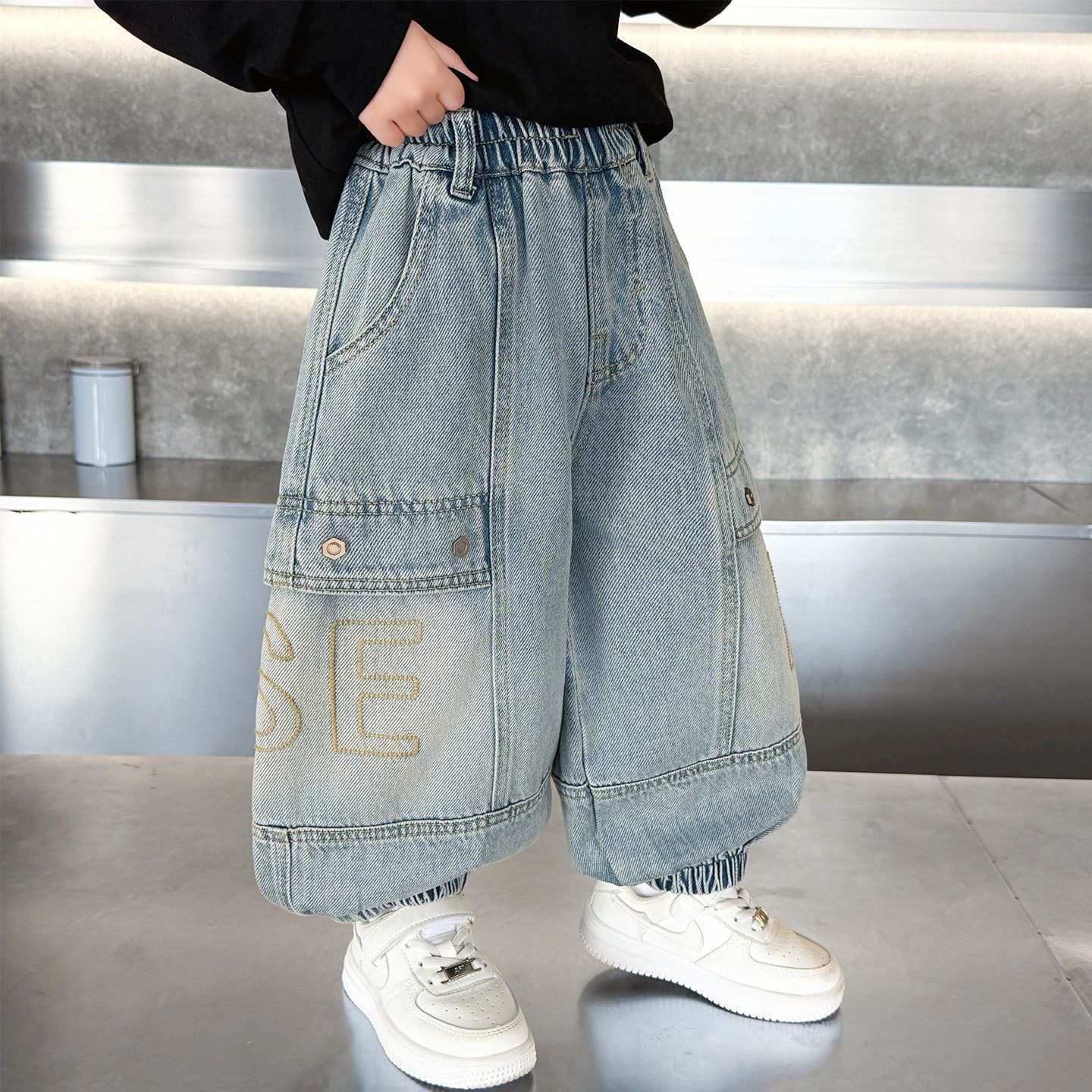 Hombres y niñas primavera y otoño jeans coreanos pantalones largos para niños pantalones largos largos
