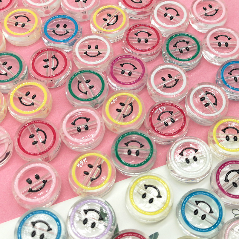 Acrylic transparent oil drop smiling face beads with large holes, straight holes, smiling expression beads, bracelet, smile fashion accessories