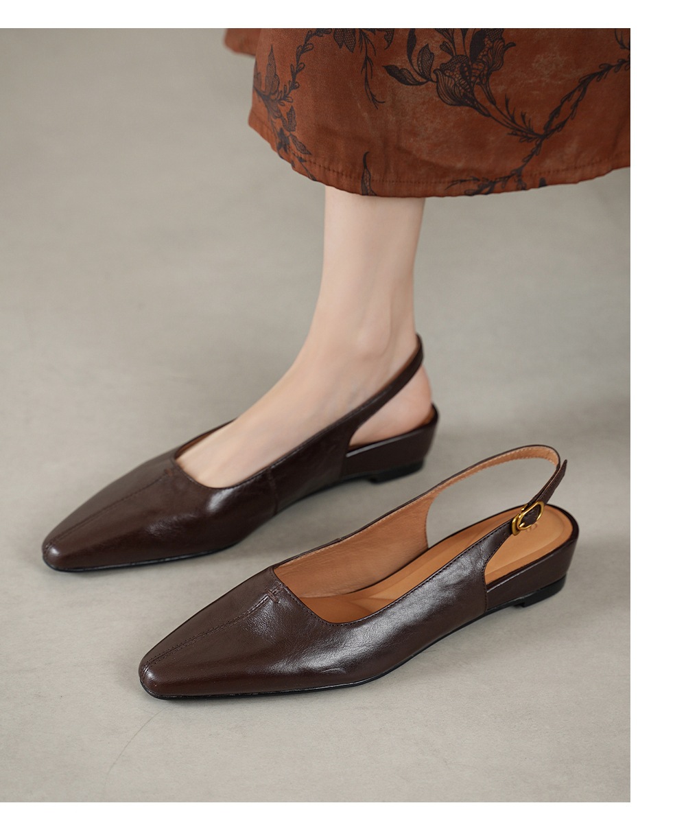 Sandal nữ da cừu mũi nhọn quai chữ V đế bệt — màu nâu chi tiết 10