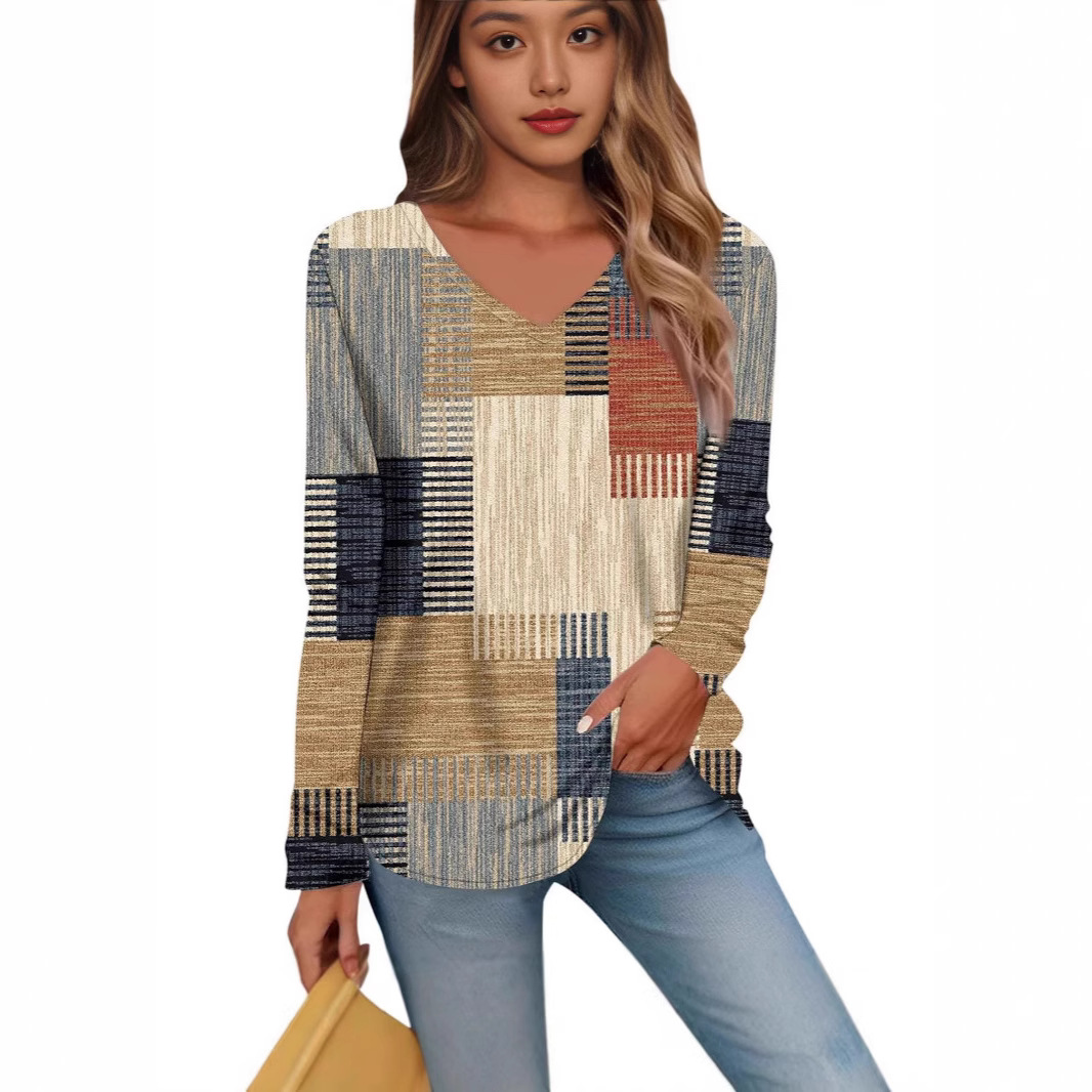 2024 봄과 여름 새로운 여성 의류 아마존 유럽과 미국의 슬림핏 슬리밍 모조 면 V-넥 인쇄 긴 소매