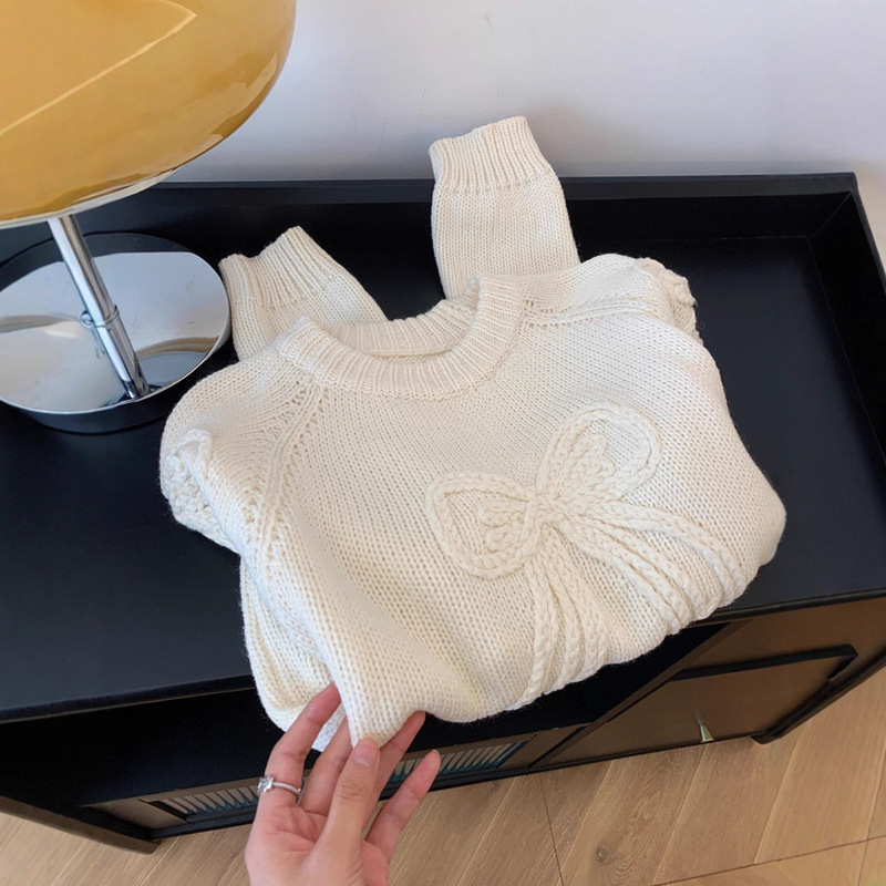 韩系甜美手工蝴蝶结短款圆领毛衣女秋冬重工粗针百搭套头针织上衣|undefined