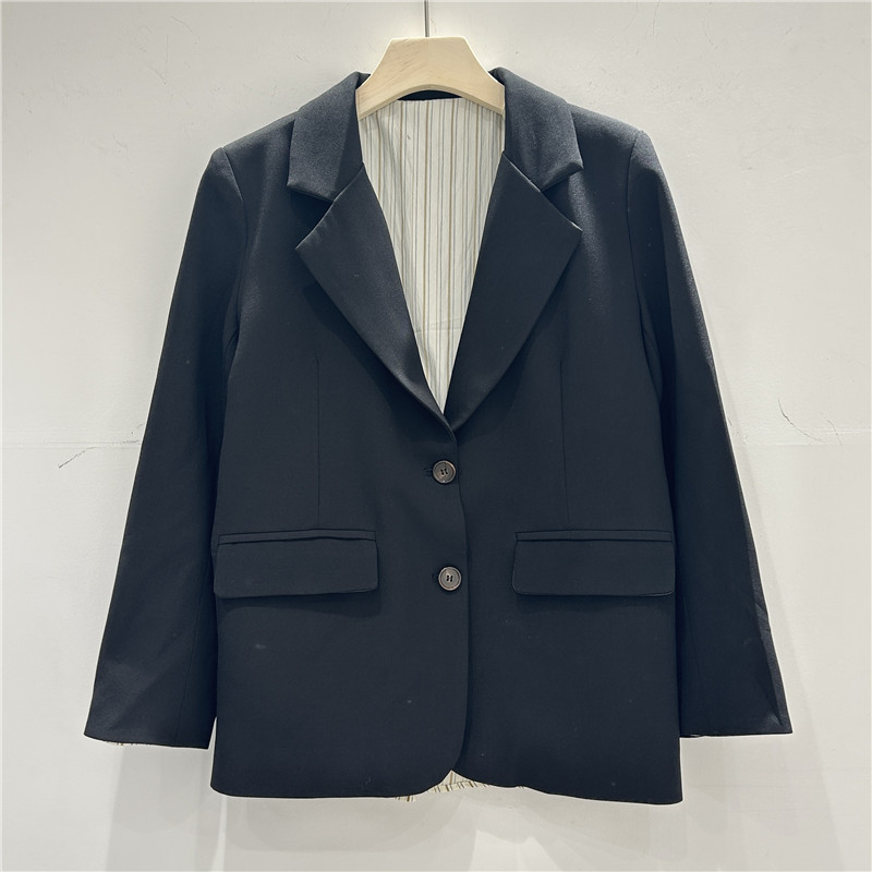 Saco de Traje Negro en Contraste para Mujer Cuello Solapa Corte Holgado