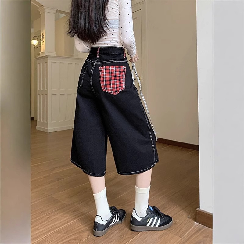 American-Style Dark Blue Plaid Straight-Leg Denim Shorts for Women, Summer New Loose Slimming Versatile Wide-Leg Cropped Pants