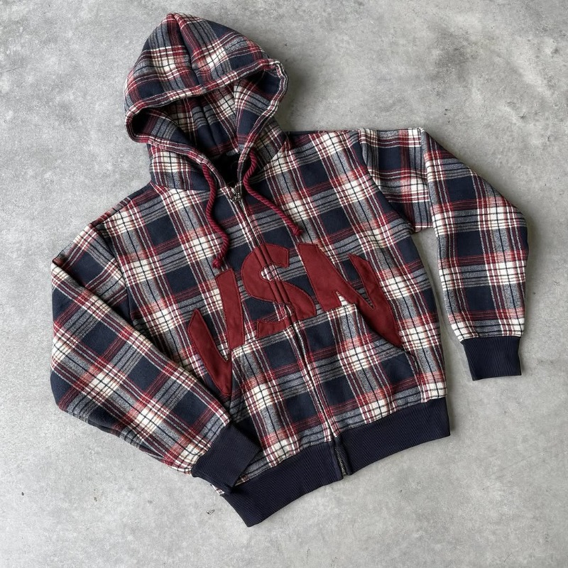 Other Zip Sweater Plaid Applique Hooded Navy Red
