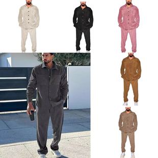 Cross-Border European and American Men's Suit with Lapel, Multiple Pockets, Long Sleeves, Long Pants, Two-Piece Set, Sporty Casual Men's Wear, Mature Style