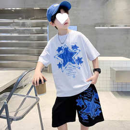 男童夏装卡通印花T恤短裤两件套2025新款中大童韩版运动休闲套装