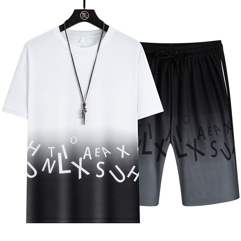 Transfronterizo verano nuevo conjunto de gradiente delgado seda de hielo guapo ropa de manga corta camiseta pantalones cortos deportivos ropa casual para hombres