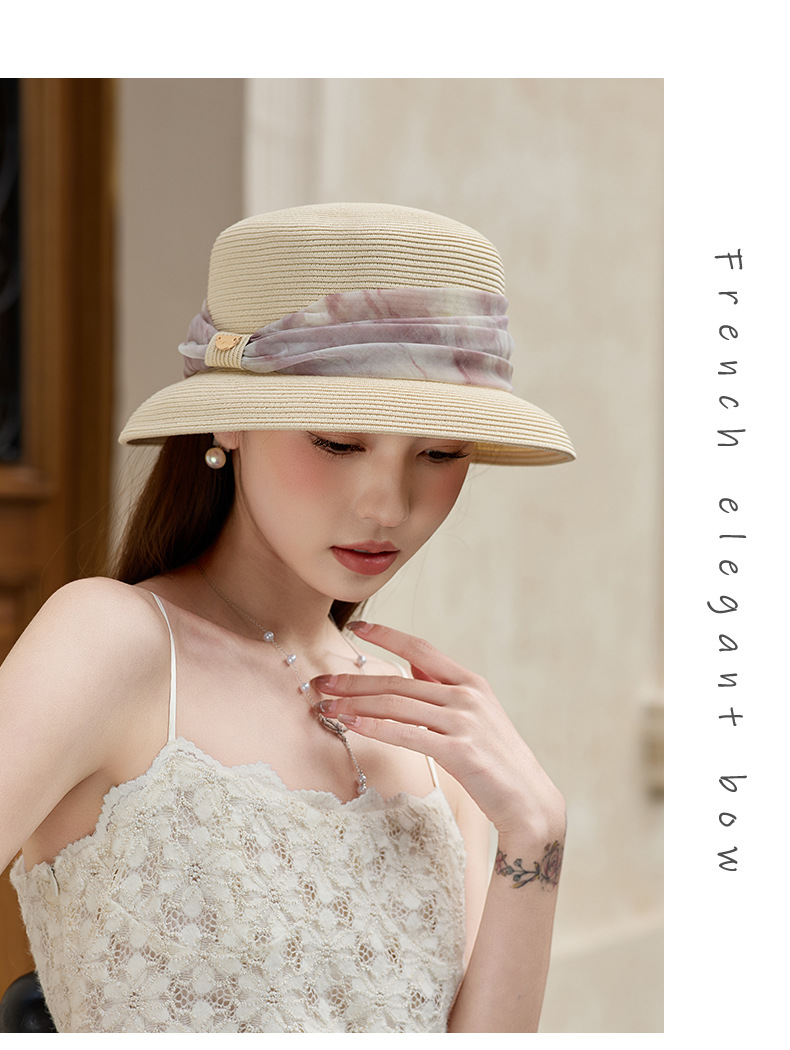 Mũ rơm nữ vành rộng kiểu Pháp mái vòm đi biển che nắng thoáng khí — Màu be chi tiết 7