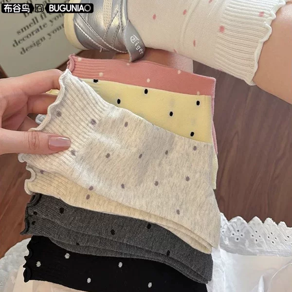 Mid-Tube Pure Cotton Lace Socks for Women, Spring, Summer, and Autumn, Ruffled Edge, Japanese Style, Versatile Polka Dot Long Tube Slouch Socks for Women, Zhuji