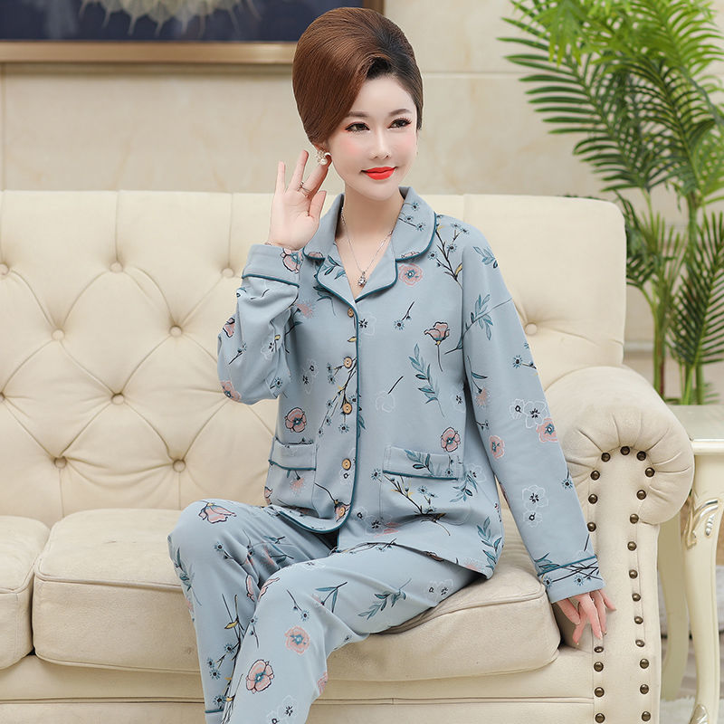 100% pijamas de algodón de manga larga de las mujeres más el tamaño de mediana edad estilo coreano cardigan desgaste del hogar traje de primavera y otoño