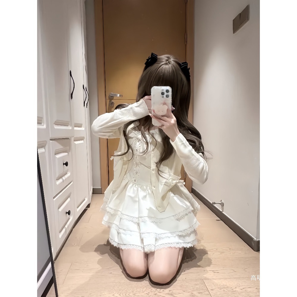 Korean style, super cute, gentle, pure and sweet long-sleeved cardigan jacket with bow and puffy cake dress set