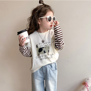 Baby Cotton T-Shirt Spring & Fall 2025 New Style Girls Fake Two-Piece T-Shirt Girls Fashionable Tops Bottoming Shirt Cartoon t