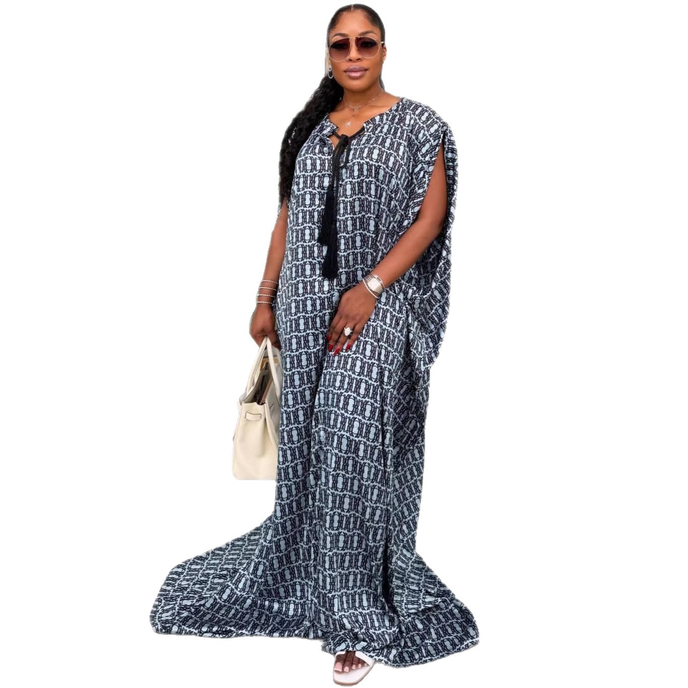 Women's American Style Loose Plus Size Dress African Chic Fashion Print Long Skirt Tie Up Design Lazy Fashion_ecoleips.com