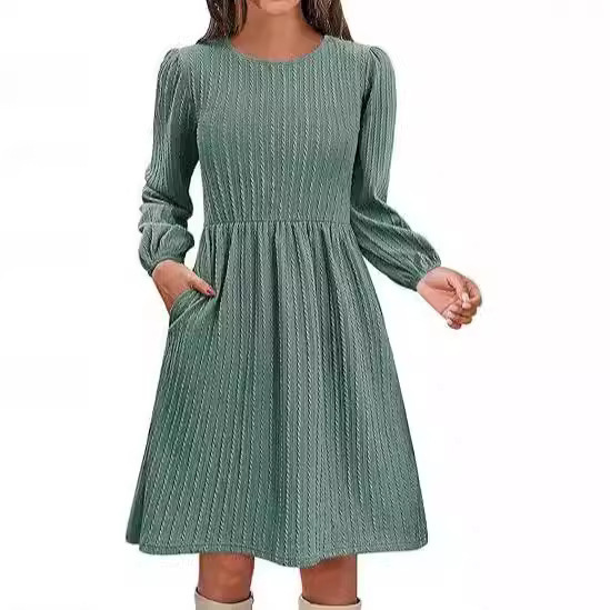 2026 Amazon New Jacquard Round Neck Knitted Long-Sleeve Dress Autumn Cross-Border European and American Fashion Puff Sleeves