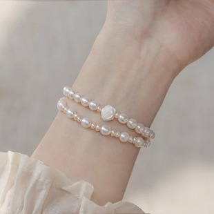 Authentic Real Pearl Bracelet Natural Shell Carved Rose Flower Rice-Shaped Strong Light Freshwater Pearl Elastic Rope Bracelet