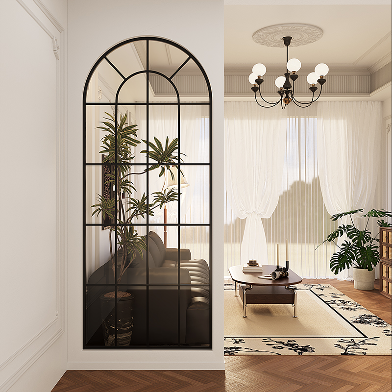 French Cream Style Entrance Living Room Screen Arch Aluminum Frame Fake Window Entrance Glass Partition Arch Design