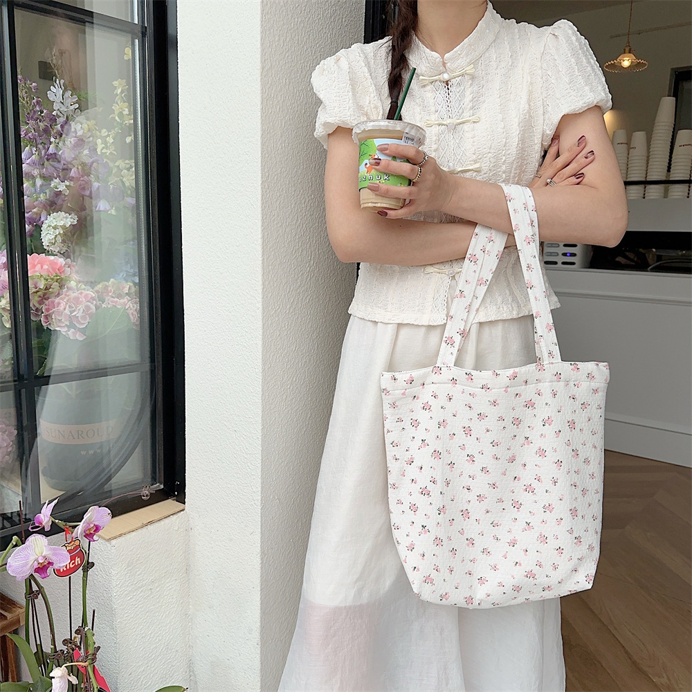 Spring Edition 44121 Canvas Bag, pure cotton floral canvas bag, tote bag, single-shoulder handbag, niche hand-held bag Item Picture