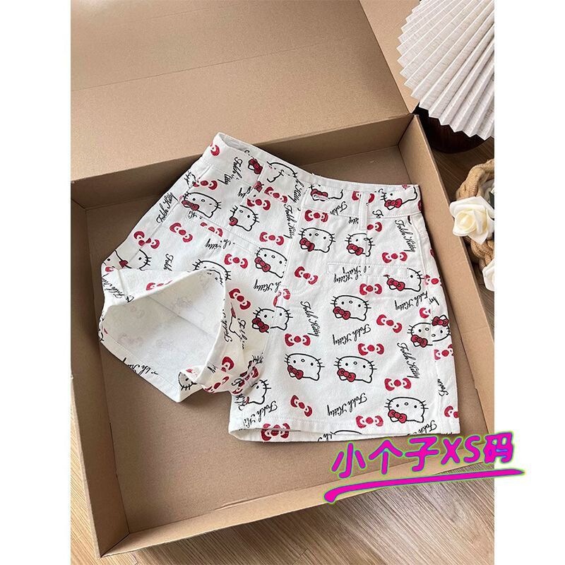 145 Petite Cute Style Cat Girl High-Waisted Denim Shorts for Women, Sweet and Youthful Wide-Leg Hot Shorts