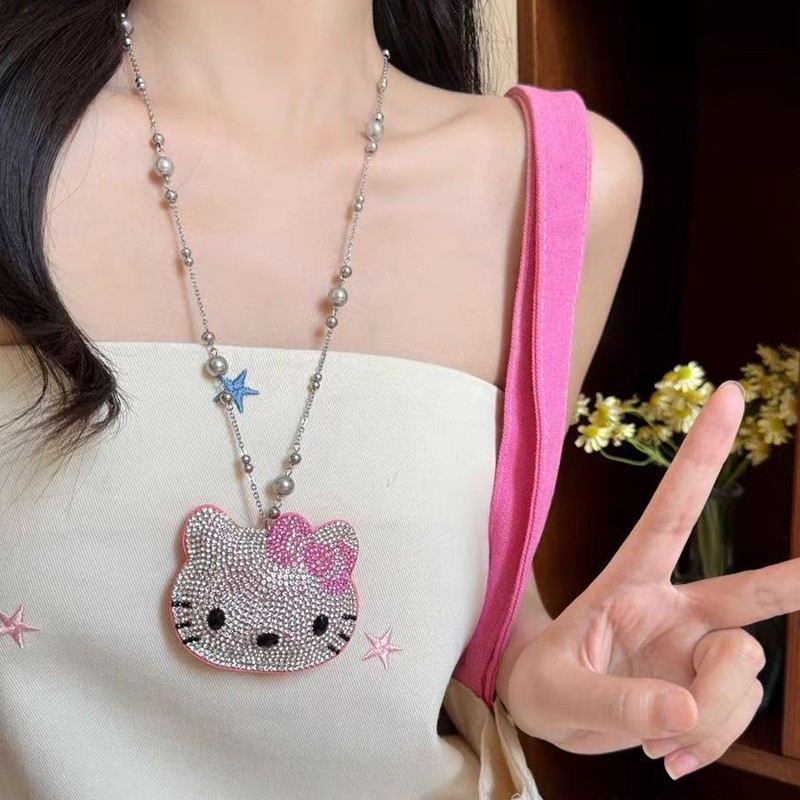 可爱满钻kt猫珍珠项链女轻奢小众设计长款甜酷风卫衣毛衣链配饰|undefined