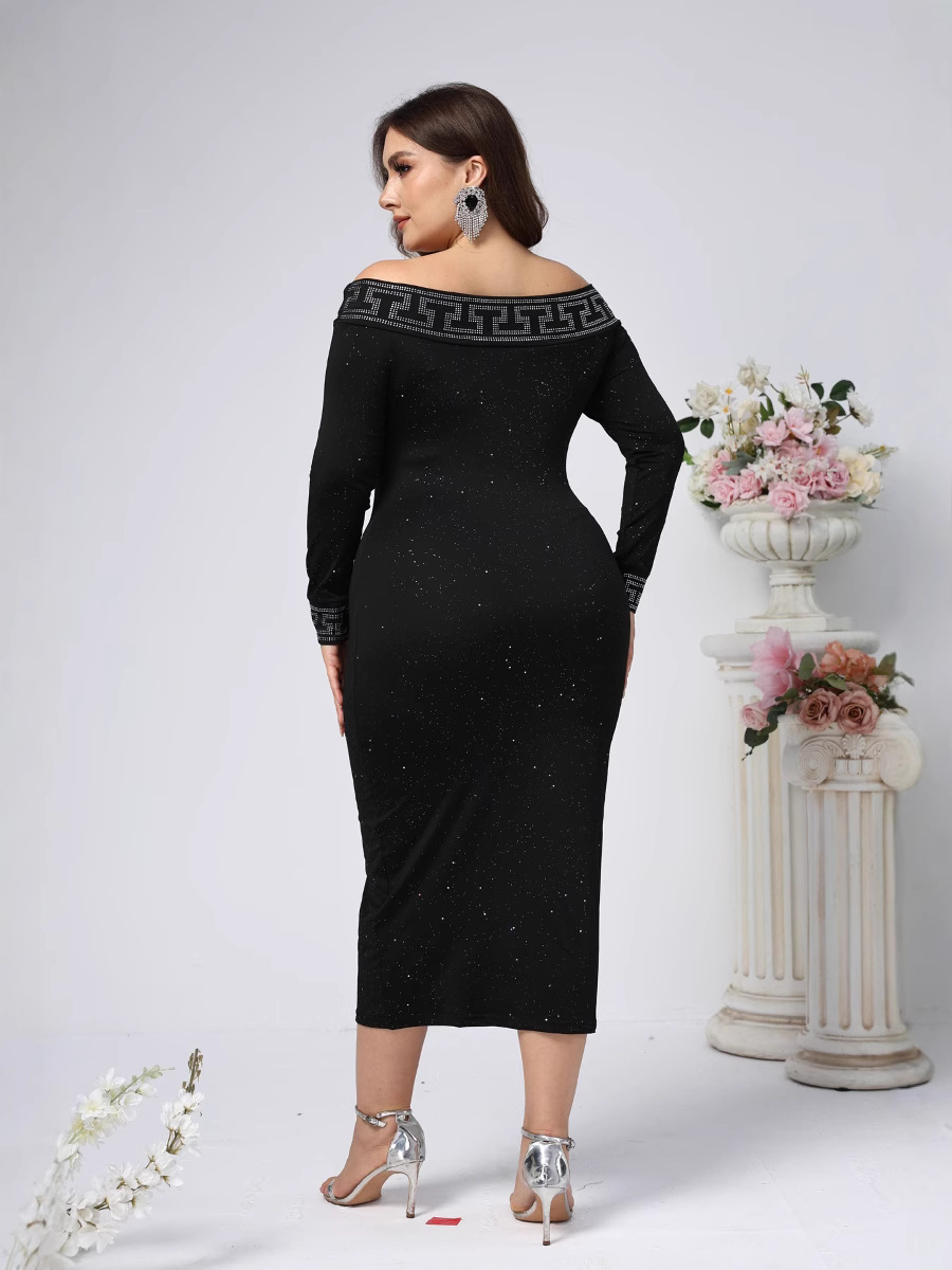 Transfronterizos europeos y estadounidenses de mujer tamaño grande nuevo temperamento sexy de hombro de manga larga delgada taladro caliente vestido de cadera