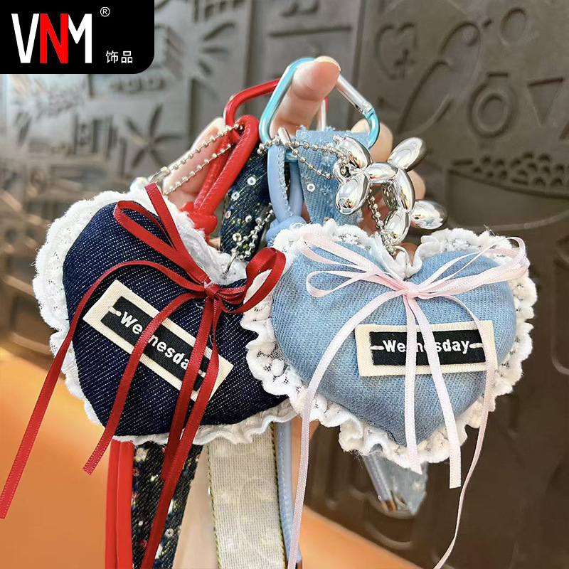 Creative Denim Bow Love Bag Pendant Keychain Exquisite and Cute School Bag Accessories Couple Gifts Wholesale