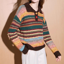 内搭冬装打底衫奶油针织衫2025秋冬季新款彩虹条纹polo领翻领羊毛