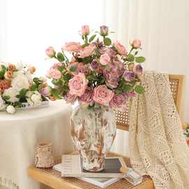 仿真花焦边假花玫瑰复古高档摆件家居客厅餐桌花束干花摆设油画