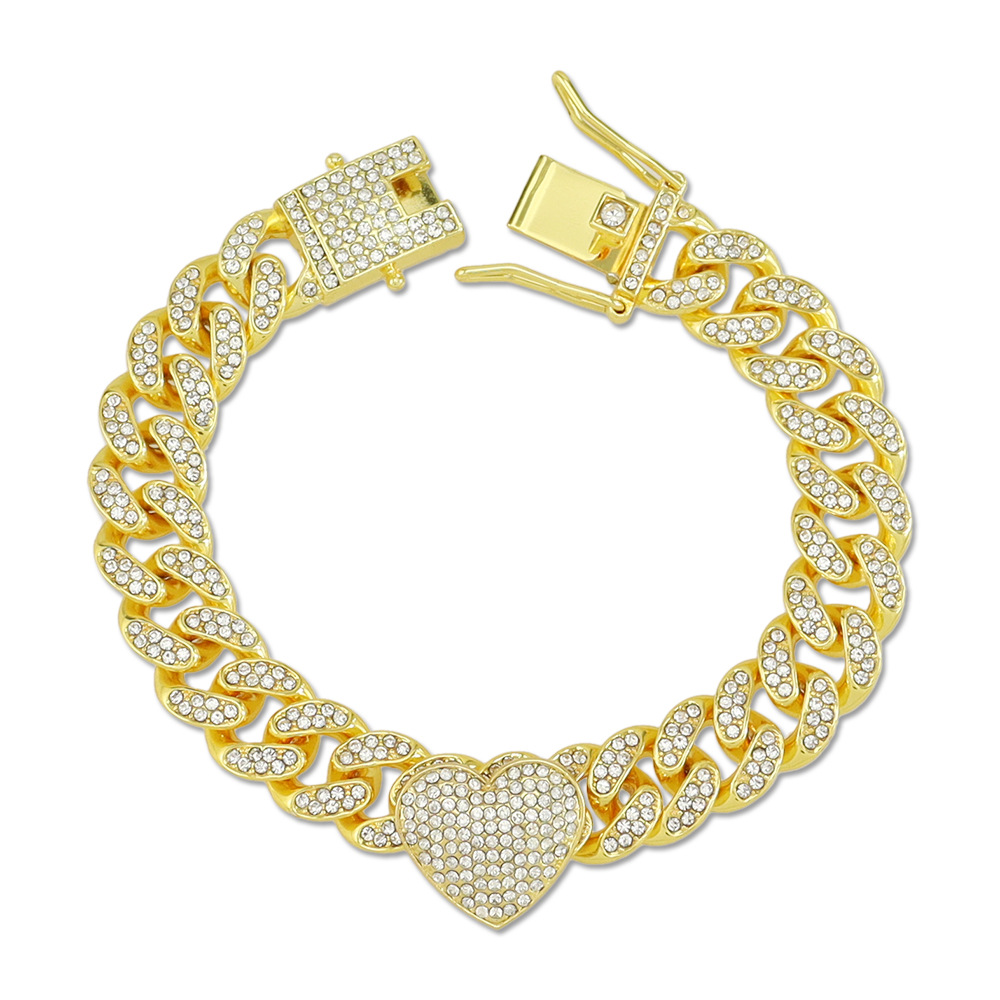 42g Weight Rhinestones Inlay Material Bracelets Classification Cool Three-Dimensional Fully Jeweled Loving Heart Heart-Shaped Creative Cuban Link Chain Bracelet  Hip Hop Style Couple Bracelet Bracelet