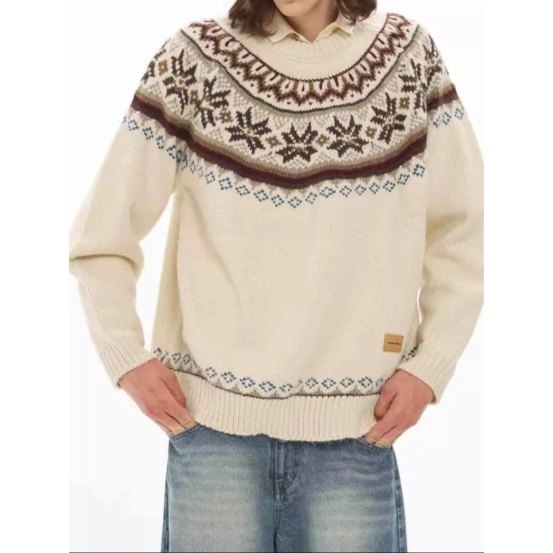 Men's Jacquard Knit Sweater Retro Color Block Round Neck Pullover_voghion.com