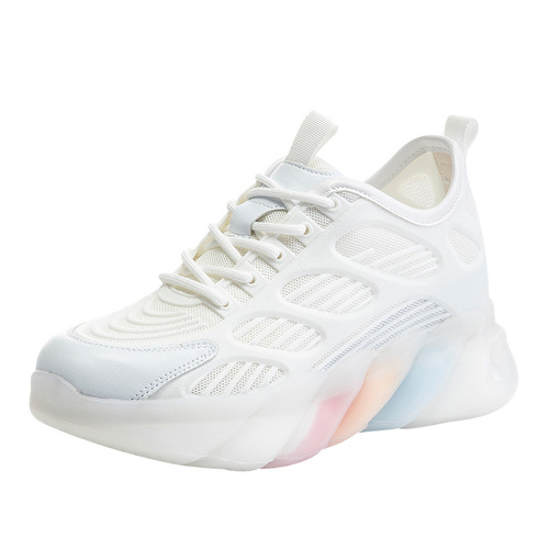 Summer casual inner height increasing women's shoes genuine leather dad shoes breathable autumn mesh white student toe flat ins