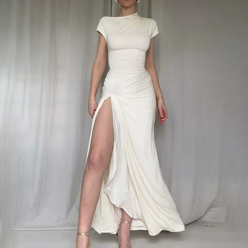 XY24158针织圆领性感开叉修身连衣裙女2025夏季新款时尚黑色长裙