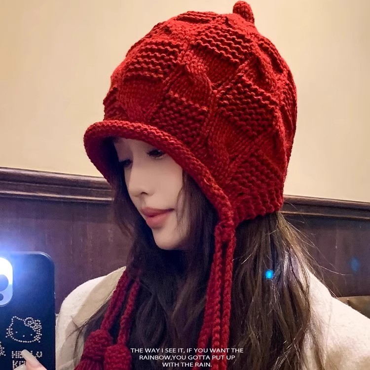 新年红色帽子女秋冬保暖毛线流苏套头帽手工针织护耳帽日系ins|undefined