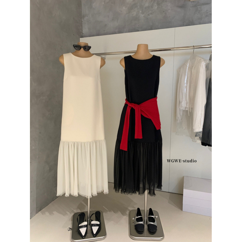 Schnei Wgwe8435 Light Luxury Sleeveless Acetate Dress with Mesh Vest Dress, Elegant Goddess Style Work Dress Schnei Wgwe8435 Light Luxury Sleeveless Acetate Dress with Mesh Vest Dress, Elegant Goddess Style Work Dress