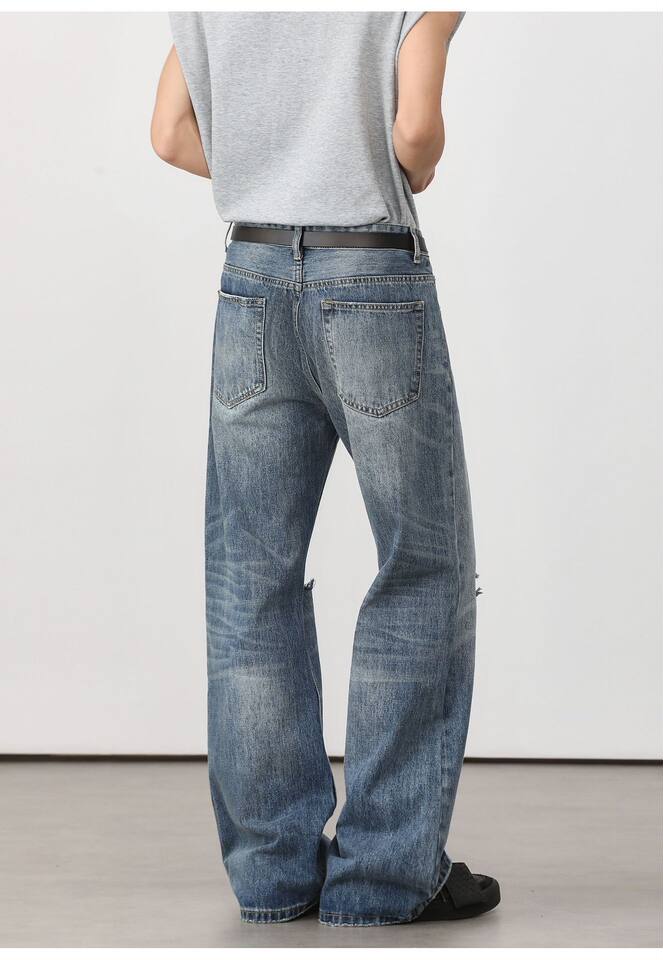 Quần jean nam ống loe nhẹ rách gối phong cách retro, dáng rộng ống suông tôn dáng, quần dài casual — Xanh nhạt, Xanh đậm chi tiết 21
