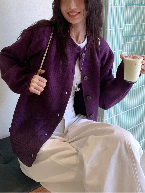 新款显白紫色毛衣开衫温柔外套女秋冬季休闲宽松针织开衫甜美上衣|undefined
