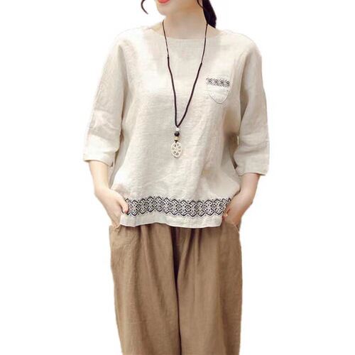 Summer Retro Cotton Linen 2025 Women's Large Size Loose Cover-Up V-Neck T-Shirt Blouse