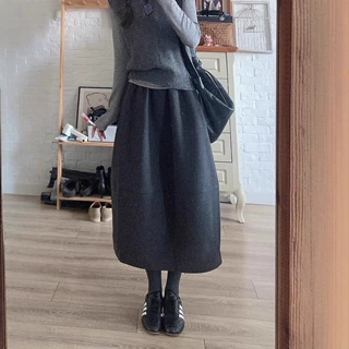 深花灰羊毛花苞裙女秋冬松紧高腰休闲毛呢半身长裙