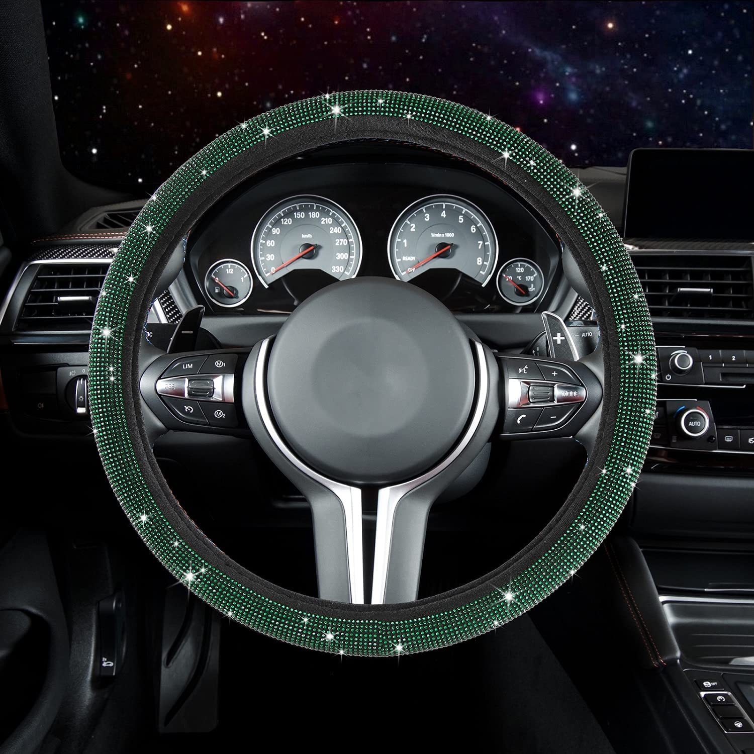 New Fashionable Full-Diamond Car Steering Wheel Cover for Women, Universal Crystal Flash Diamond Anti-Slip Handlebar Cover for All Seasons