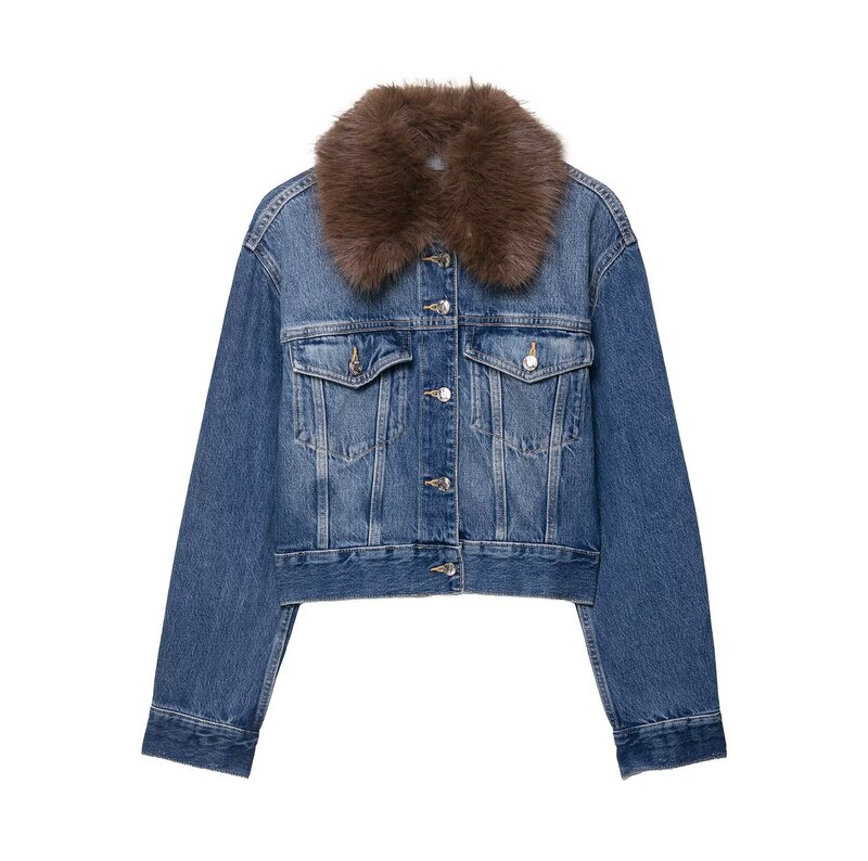 2025 New Autum Women's Clothing European and American Short Flip-Up Faux Fur Effect Denim Jacket 2025 New Autum Women's Clothing European and American Short Flip-Up Faux Fur Effect Denim Jacket