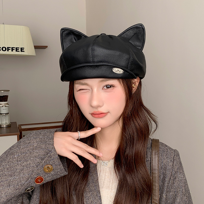 2025猫耳朵皮质贝雷帽女韩系甜美百搭鸭舌八角帽时尚画家报童帽|undefined